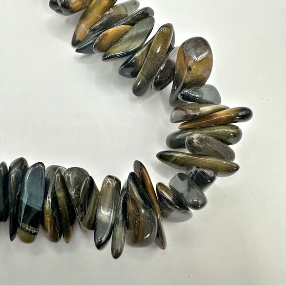 Vintage Chunky Tiger's Eye Dog Tumbled Stone Necklace 14.5" Choker Brown Green - Picture 5 of 8